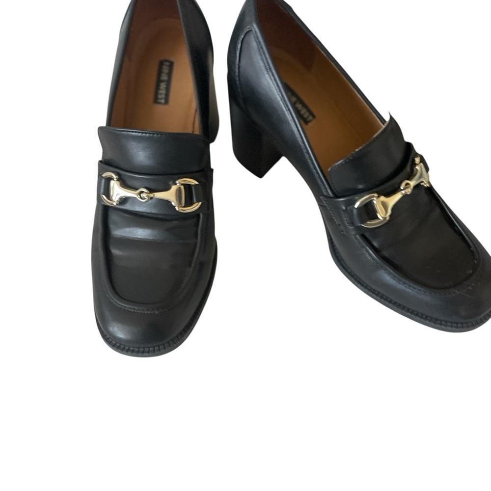 Nine West Koolo Black Patent Loafers Size 9  Square Toe Horsebit Block Heel Work - Picture 3 of 5